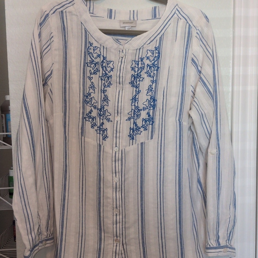 Plus Size Avenue Blouse Women 14/16 Blue Striped Floral Embroidered Cotton Tunic